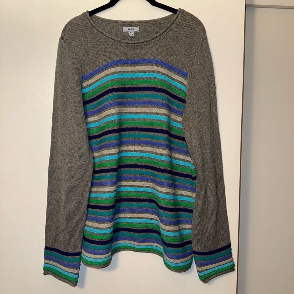 Izod Women’s Gray Green Blue Striped Crewneck Sweater XL EUC